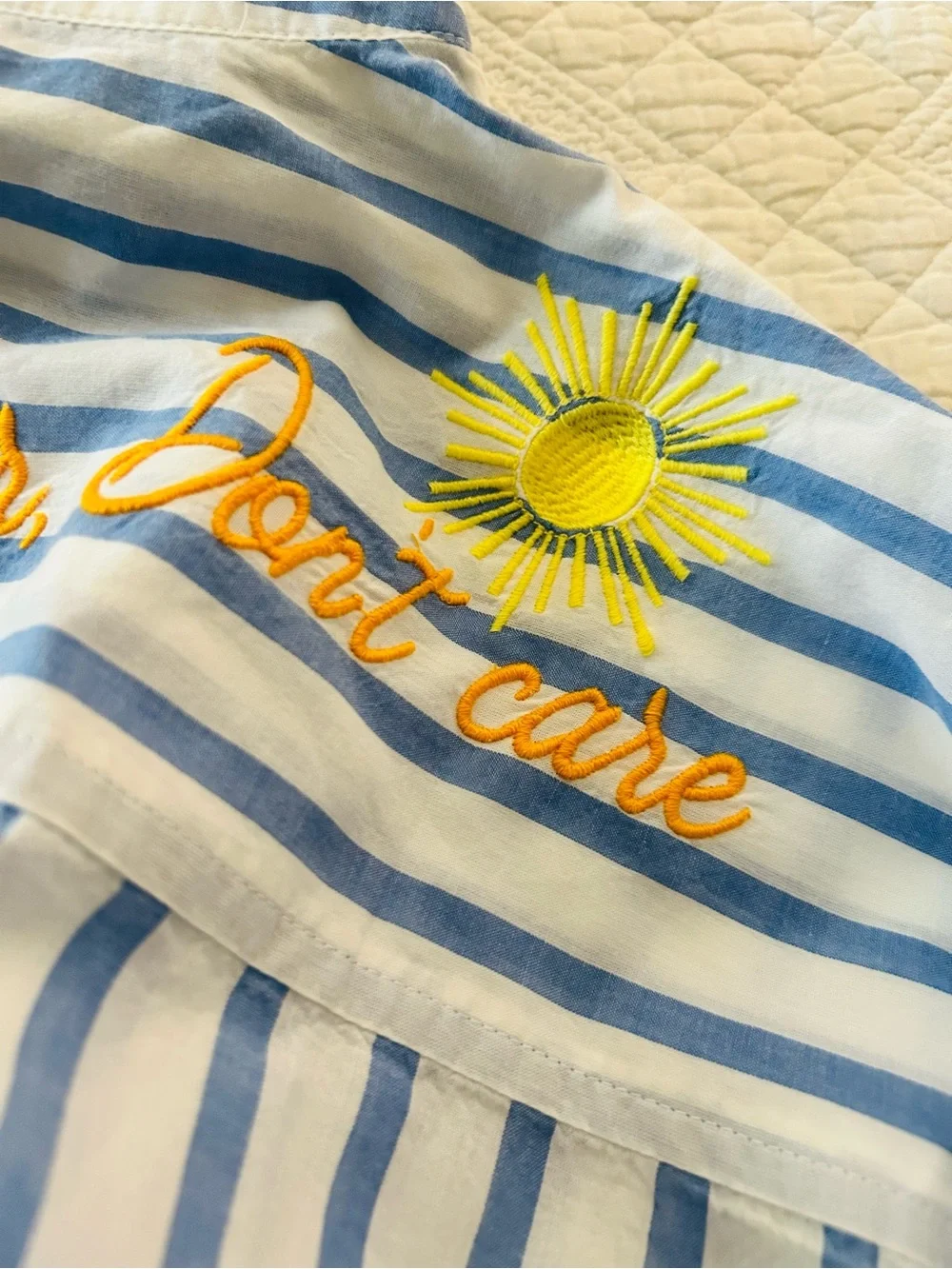 Shiraleah Blue & White Striped beach Shirt Dress with Embroidery large